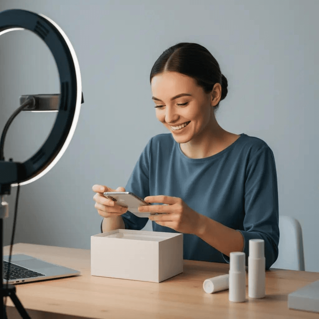 Unboxing video example: creator filming an open package and skincare products on a desk with a ring light